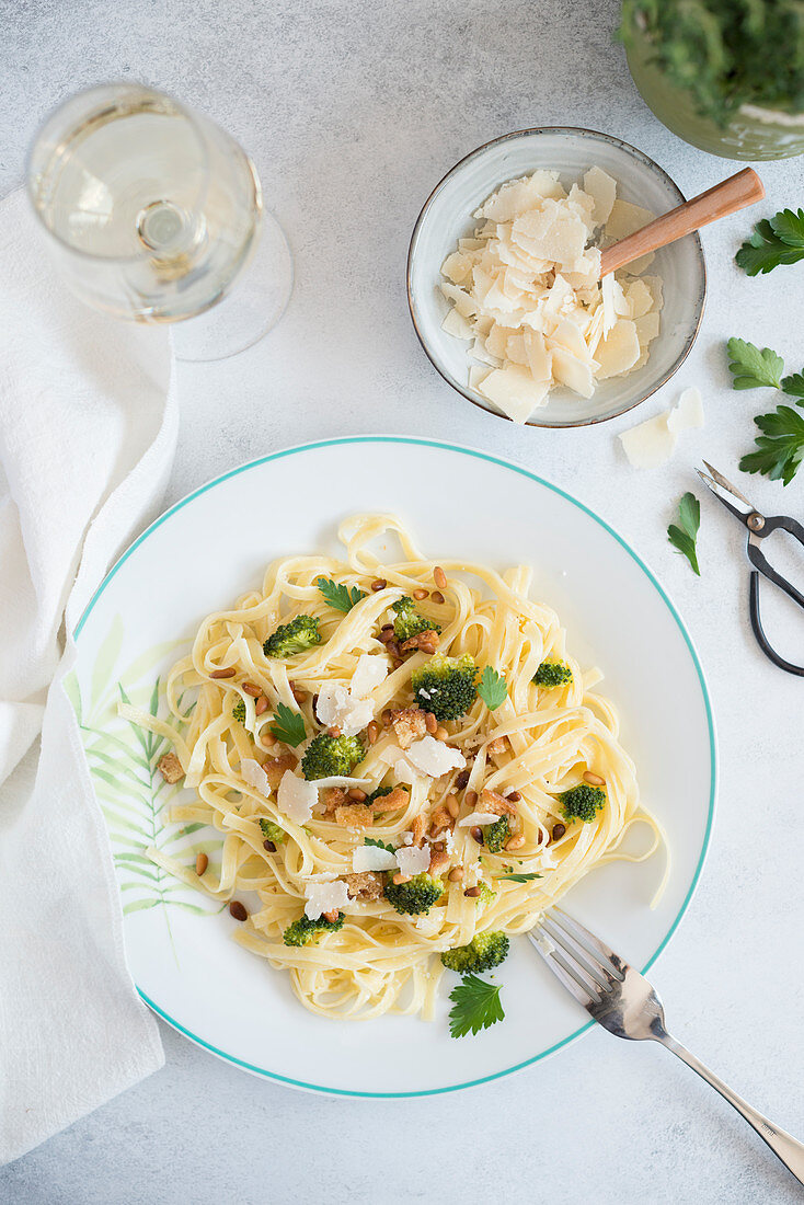 Tagliatelle with broccoli and parmesan cheese