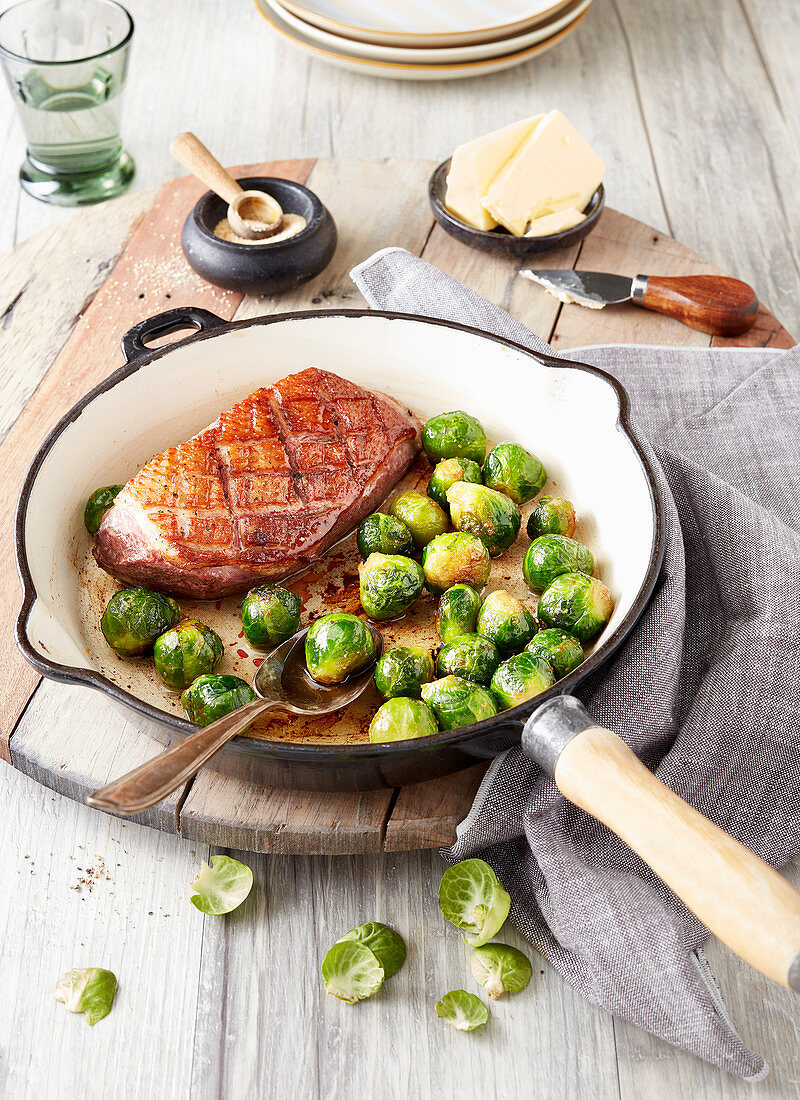 Duck magret with Brussels sprouts