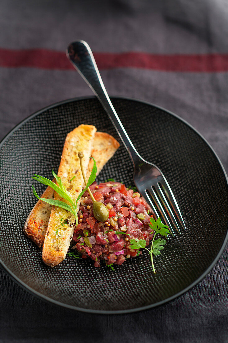 Beef tartare with fleur de sel and spices served with toasted bread