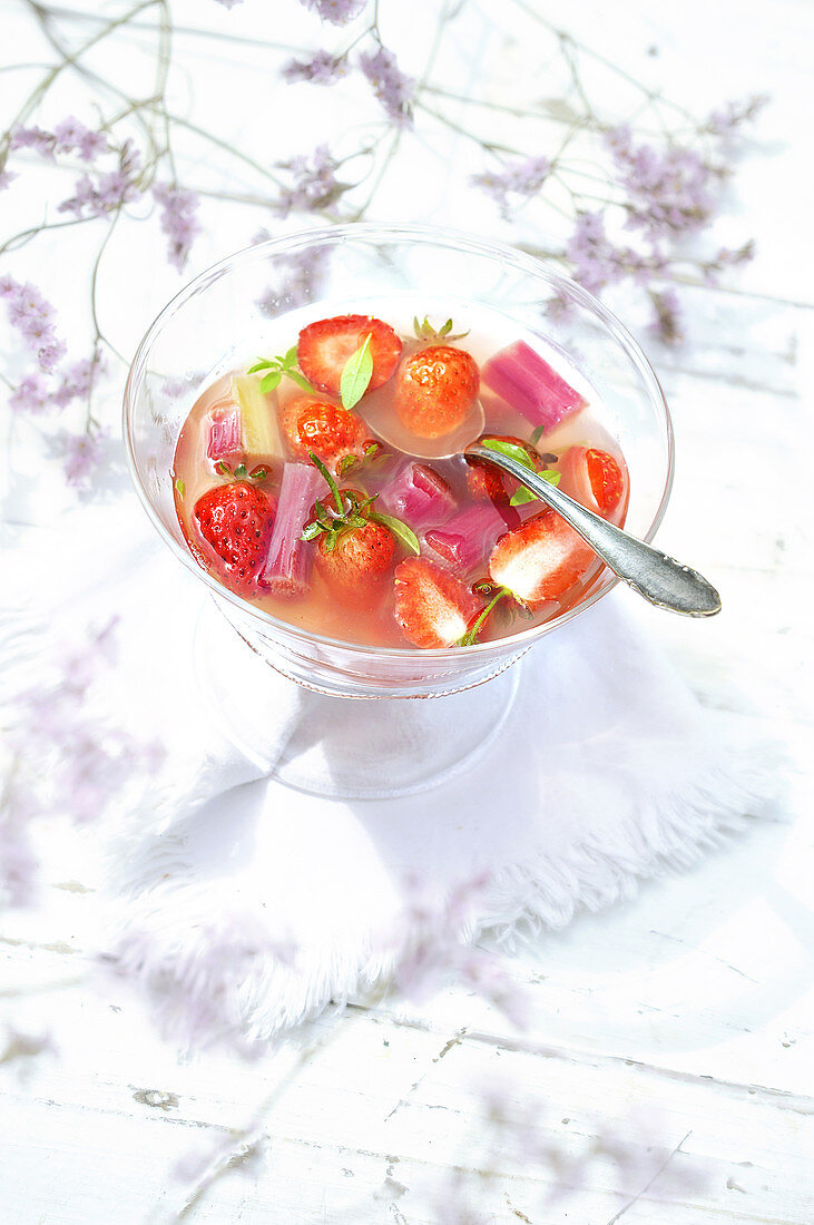 Summer fruit soup with strawberries, rhubarb and verbena
