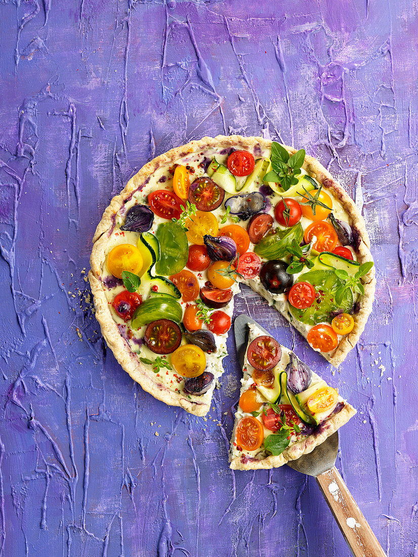 Tomato ricotta quiche with coloured tomatoes