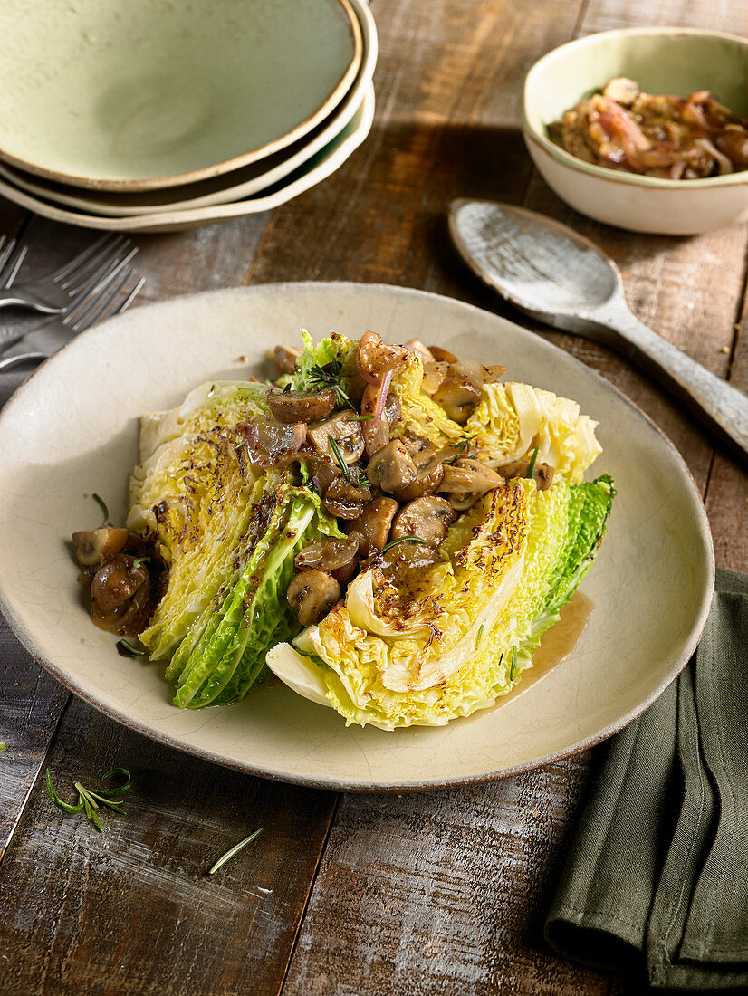 Fried savoy cabbage with mushrooms