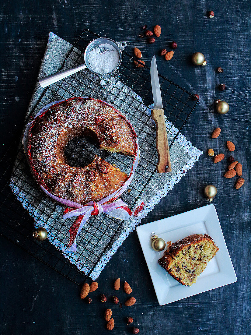 Christmas wreath cake with dried fruits and nuts