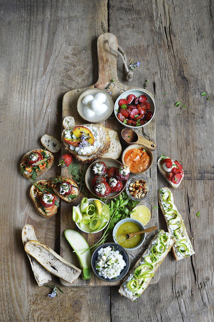 Toasted bread with various toppings