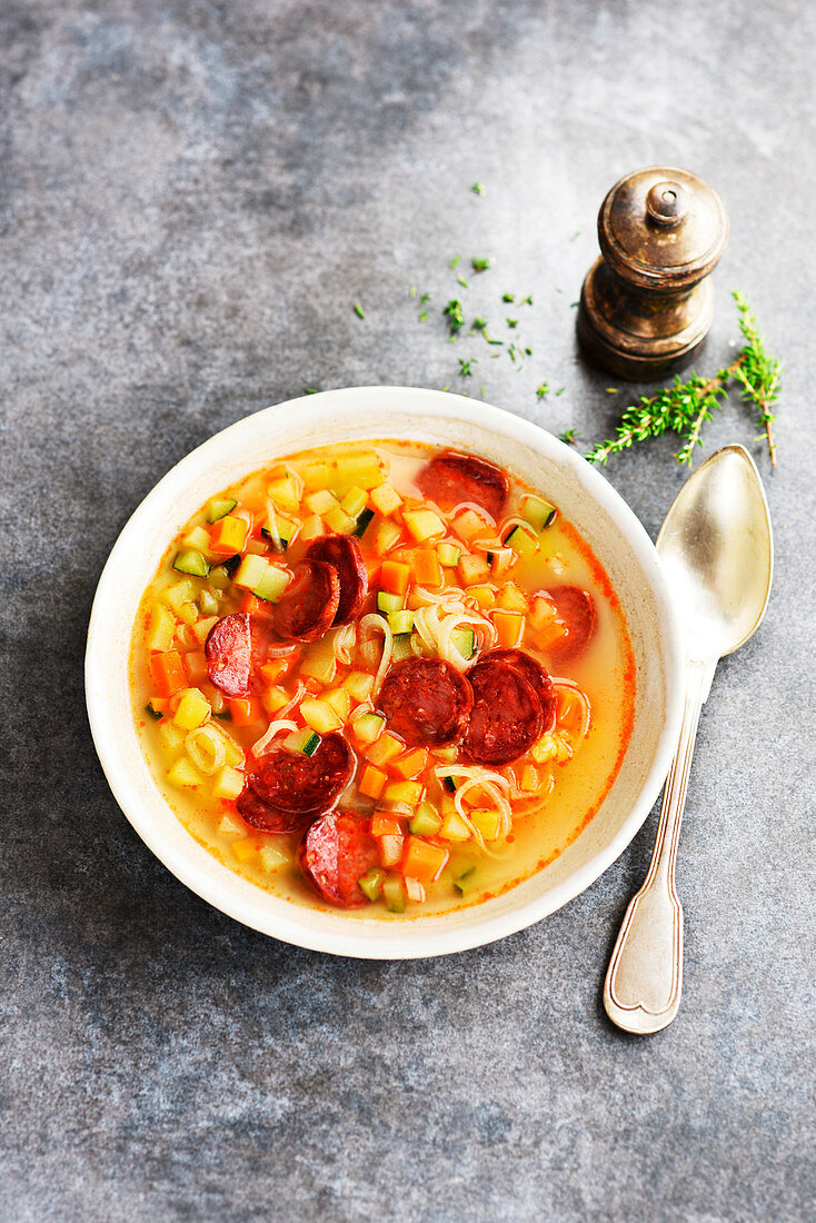 Vegetable soup with chorizo