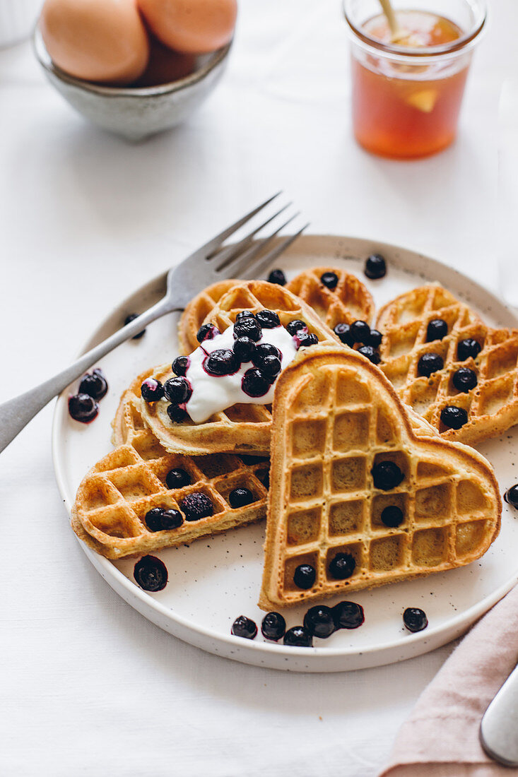 Heart waffles with blueberries