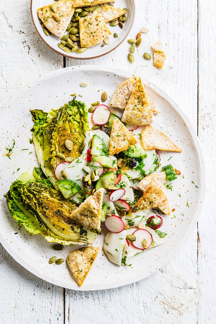 Salad with cucumber, radish, mini romaine lettuce and pita chips