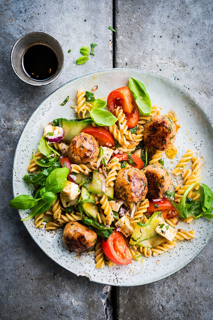 Greek pasta salad with chicken meatballs