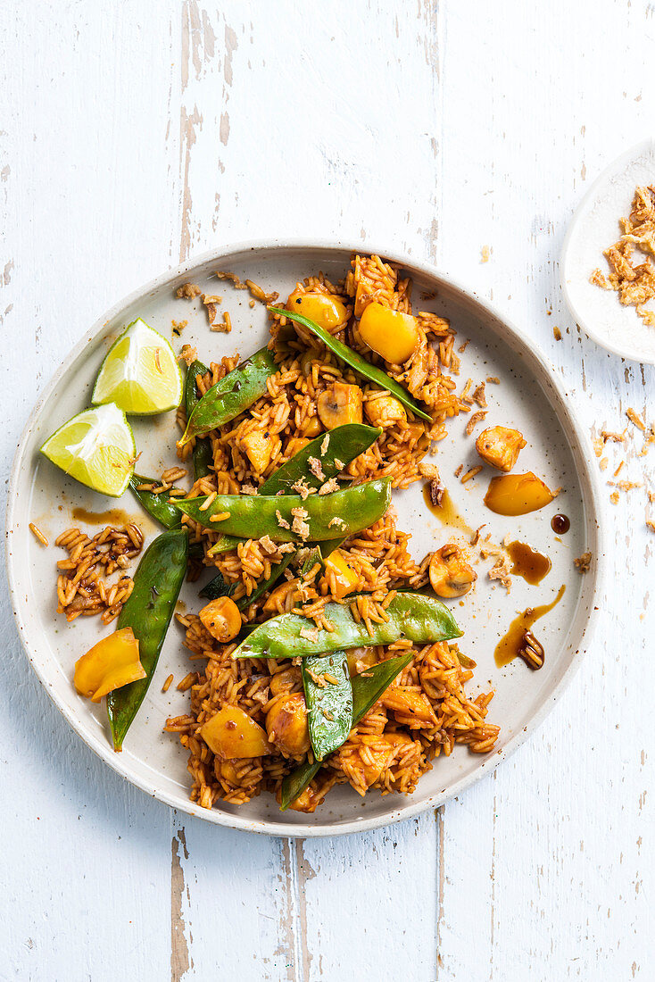 Rice with mushrooms and sugar snap peas