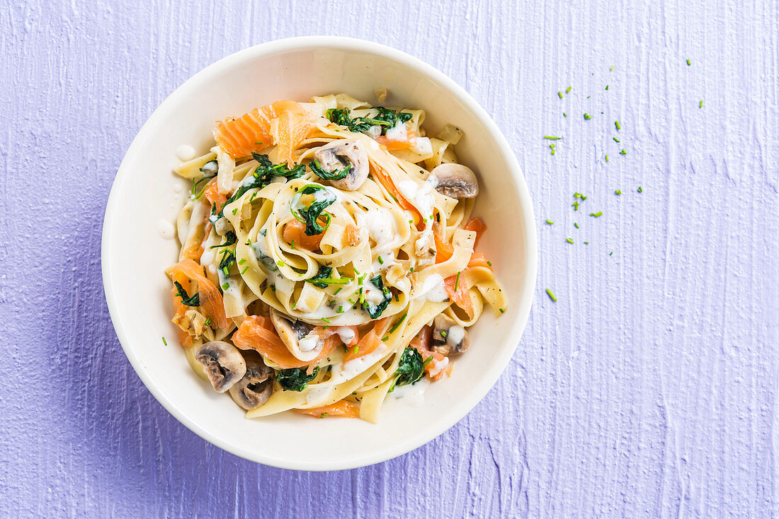 Ribbon noodles with smoked salmon, mushrooms and cheese sauce