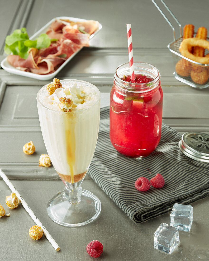 Raspberry mojito and popcorn milkshake