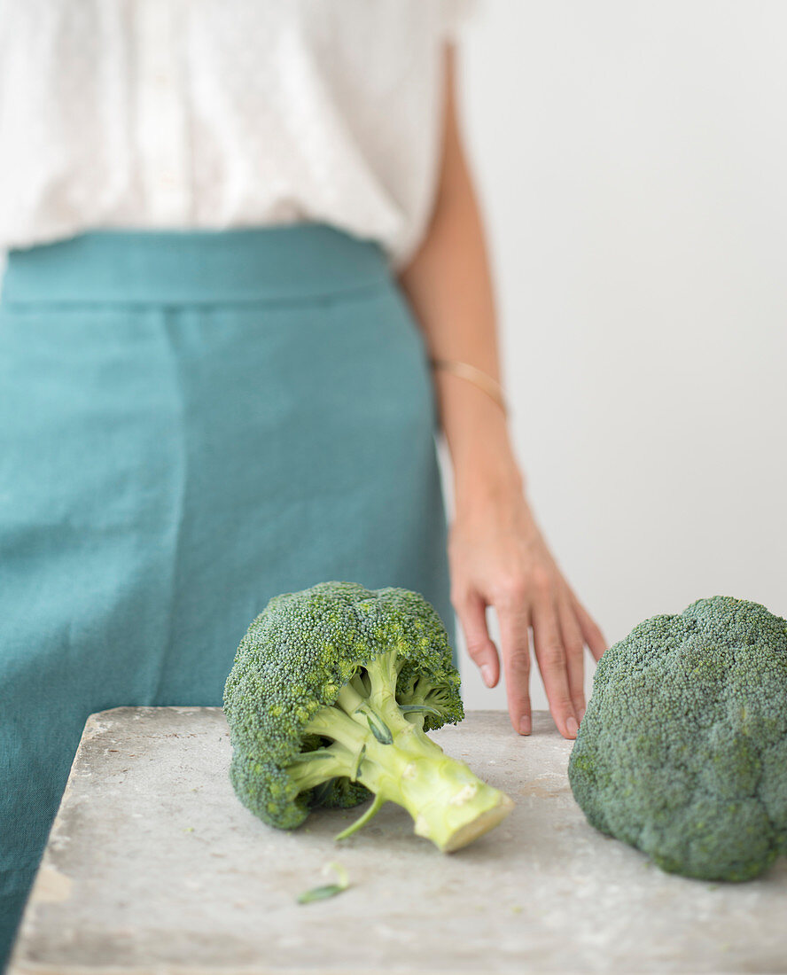 Fresh broccoli on a kitchen counter