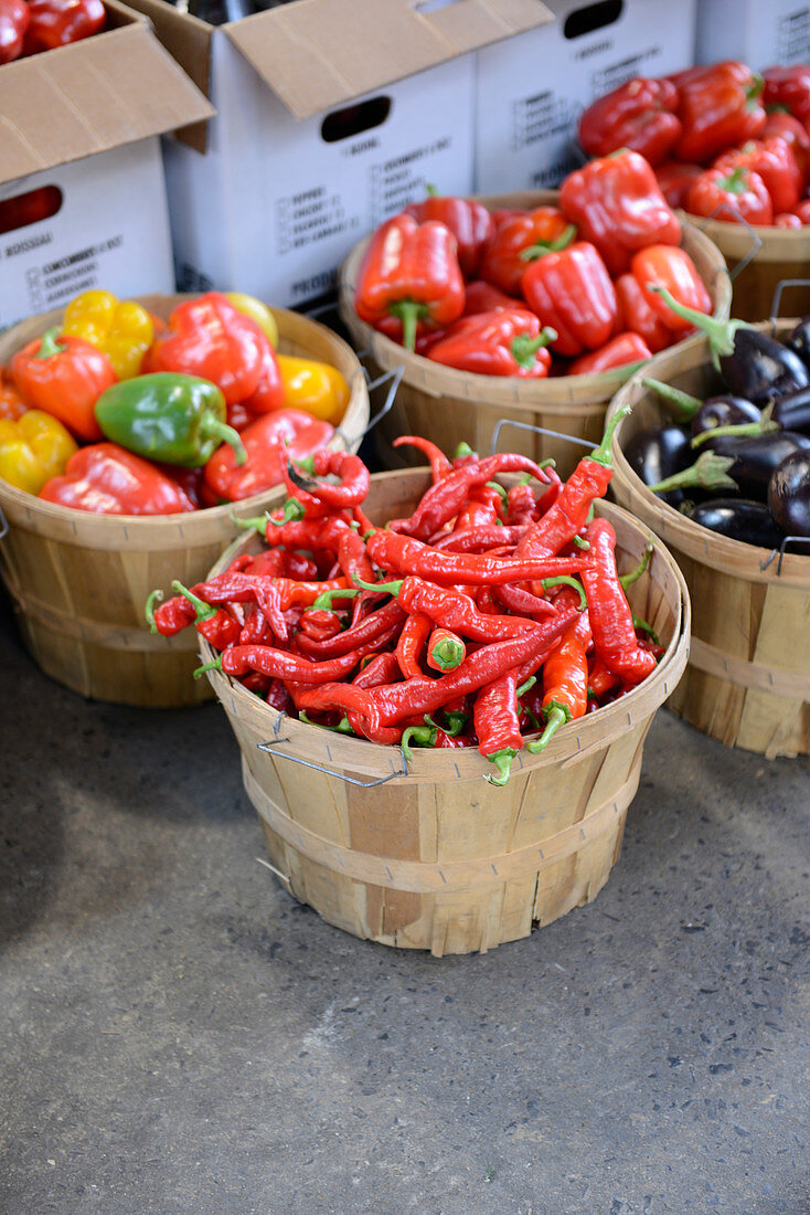 Verschiedene Chilischoten und Auberginen auf einem Markt