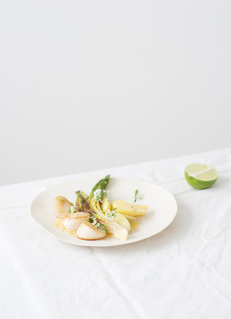 Scallops in champagne sauce with pak choi and potatoes