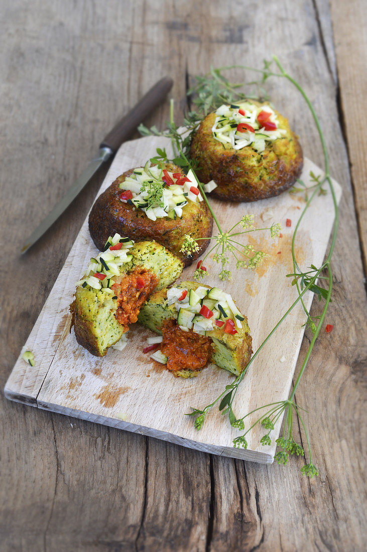 Savoury mini courgette cakes with pepper filling
