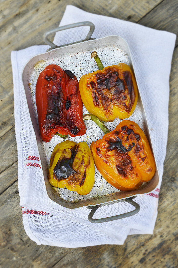 Oven-roasted peppers in a tin