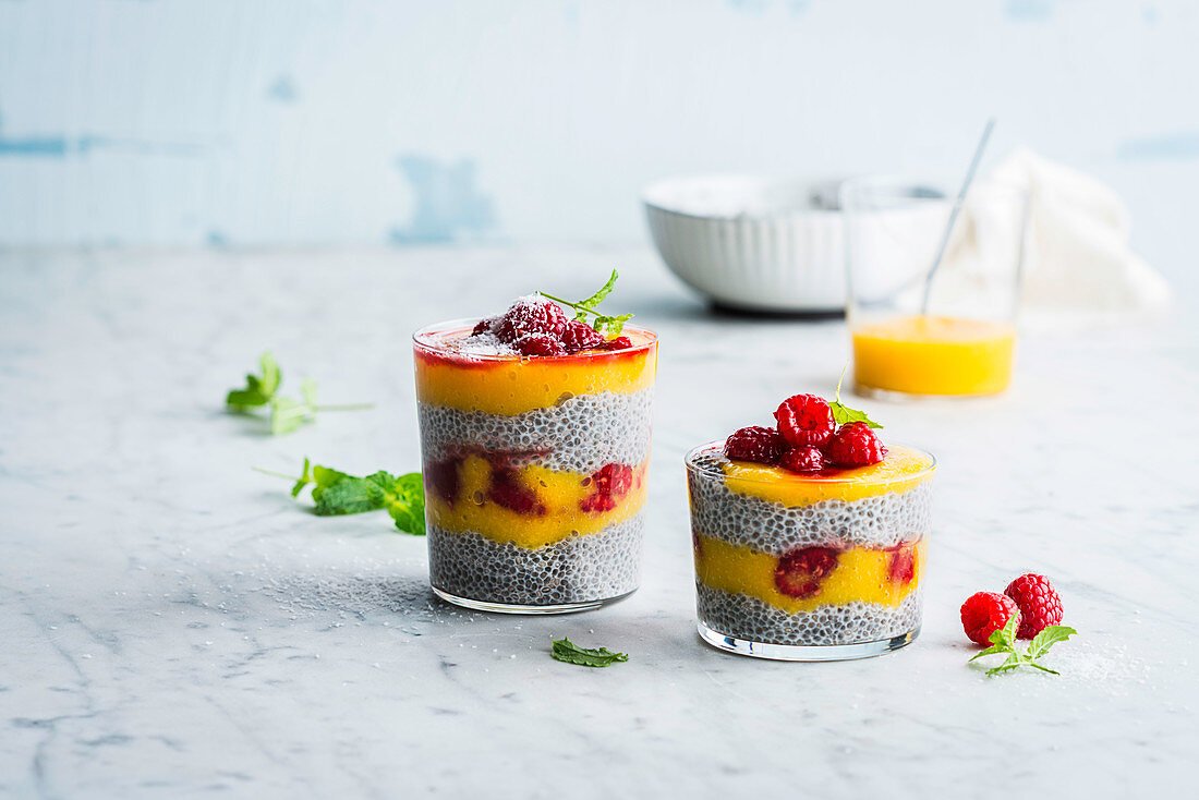 Chia pudding with mango and raspberries