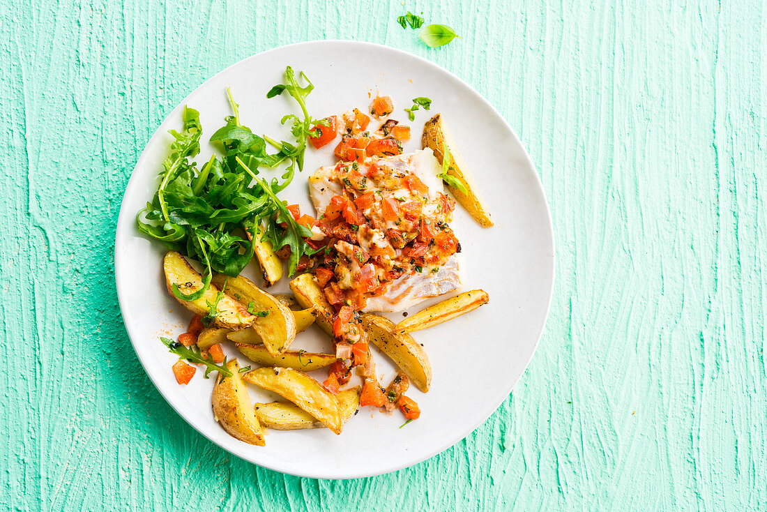 Baked cod with tomatoes, mozzarella and french fries