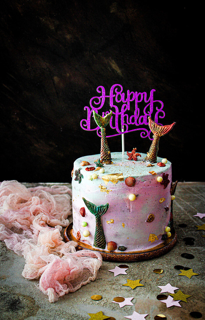 Birthday cake with mermaid decorations
