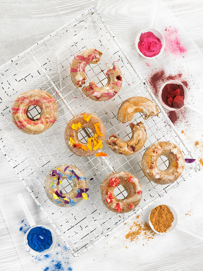 Donuts decorated with colored pigments