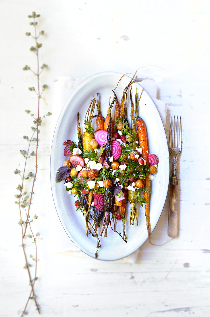 Vegetable plate with colourful carrots and chioggia