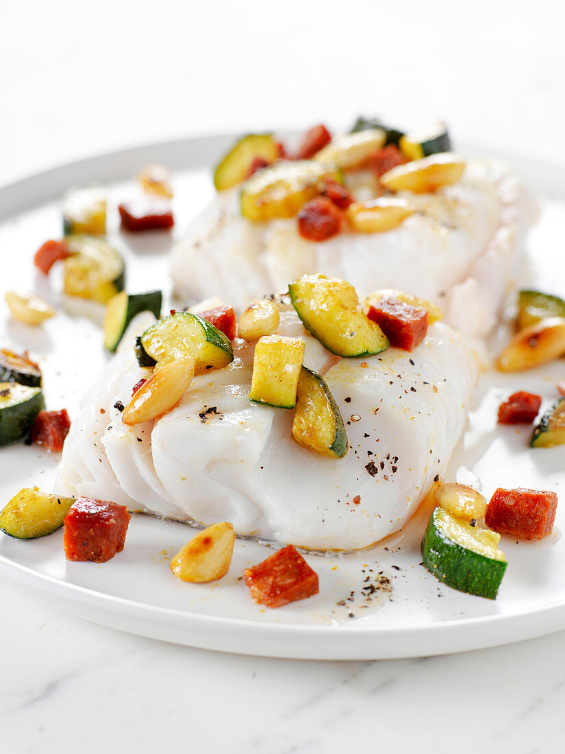 Cod with vegetables and chorizo