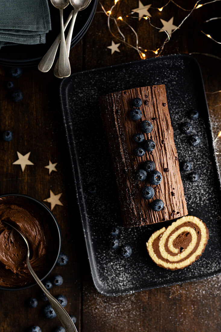 Chocolate Yule Log with Blueberries