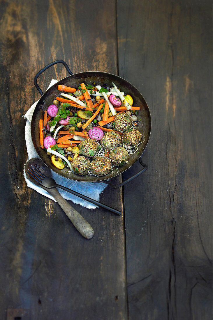 Buckwheat dumplings with zucchini and herbs served with vegetables