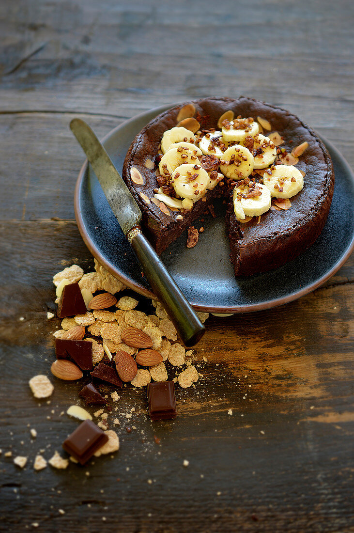 Buckwheat chocolate cake with almonds and bananas