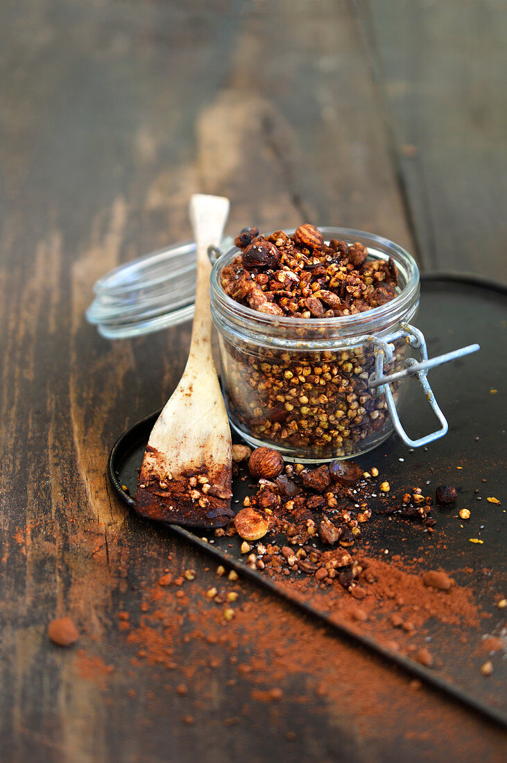 Homemade buckwheat chocolate muesli with dried fruit