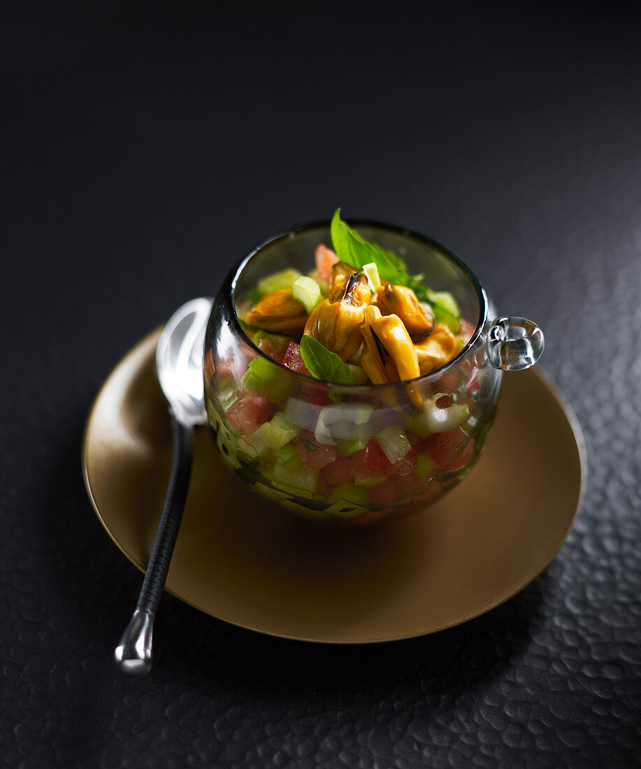 Verrine with cucumber and tomato tartar and mussels
