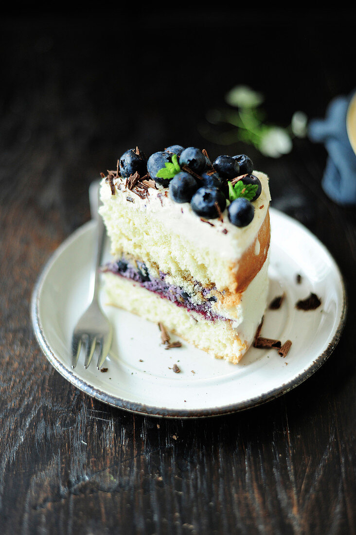A slice of sponge cake with blueberries