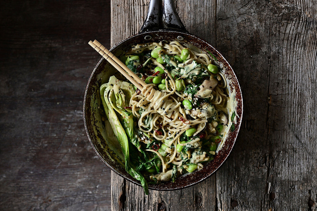 Soba pasta with broad beans and spinach