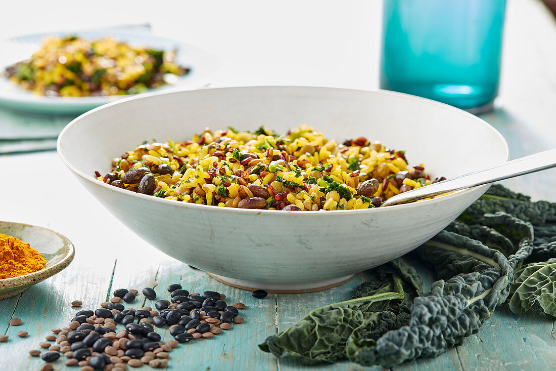 Basmati rice and brown rice with beans, lentils and turmeric