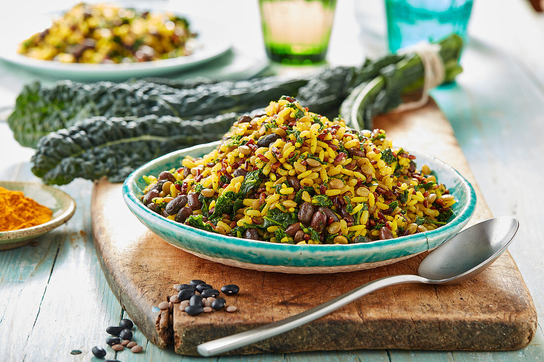 Basmati rice and brown rice with beans, lentils and turmeric