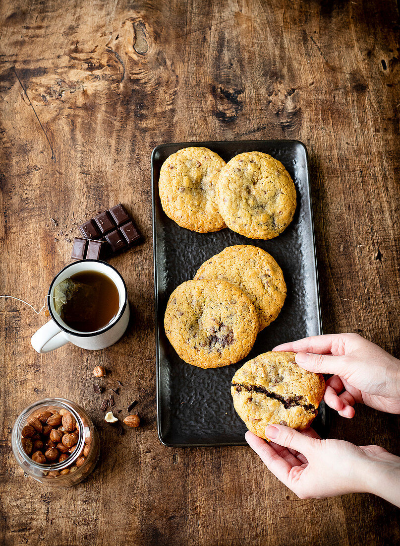 Chocolate chip and hazelnut cookies with chocolate ganache center