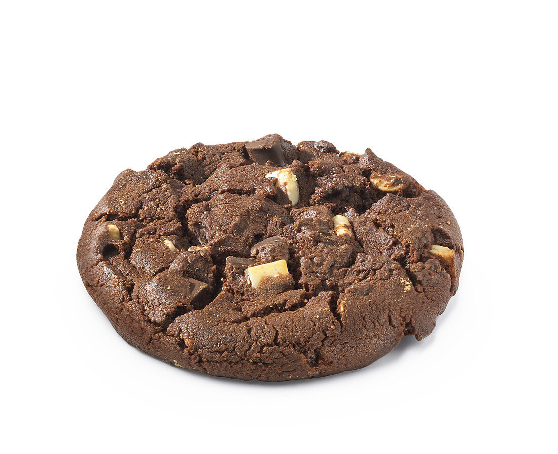 Ein Chocolate Chip Cookie vor weißem Hintergrund