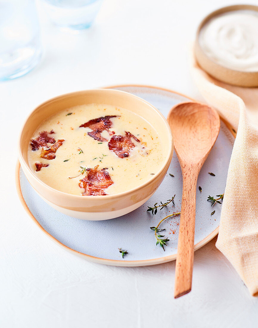 Corn soup with smoked bacon