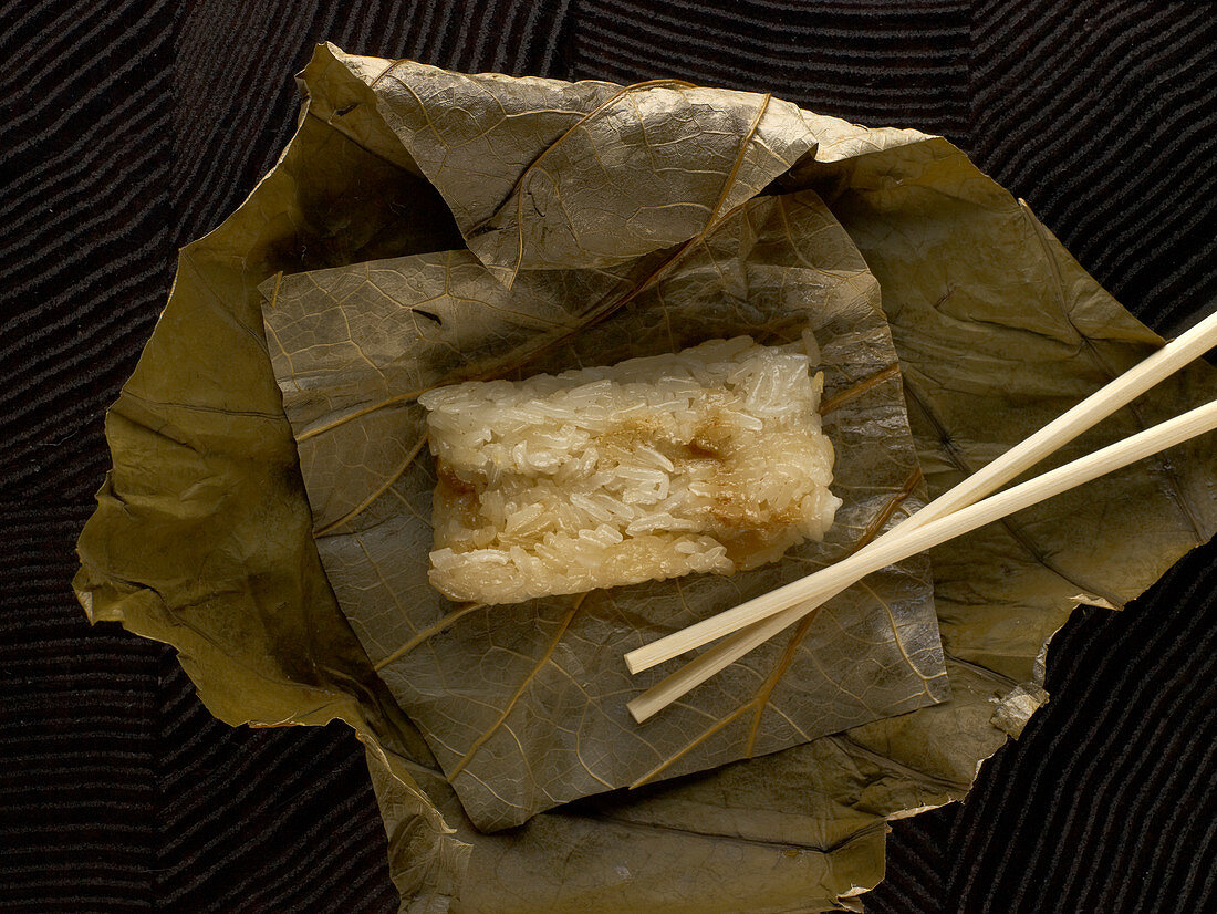 Rice cooked in banana leaves