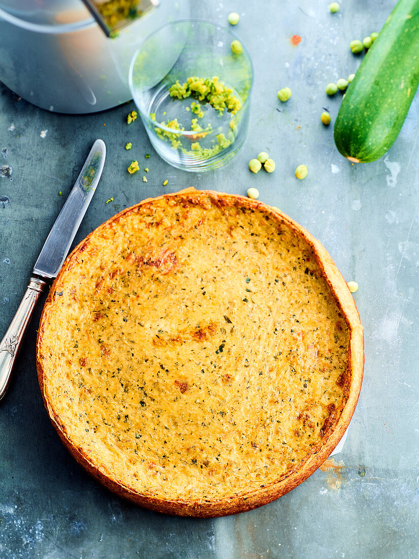 No-base quiche with courgette puree and peas