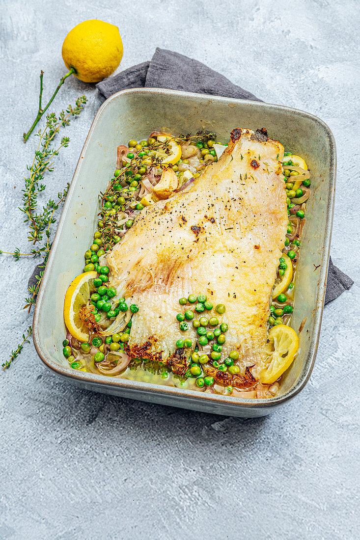 Skate with shallots,lemon,peas,garlic and thinly grated parmesan