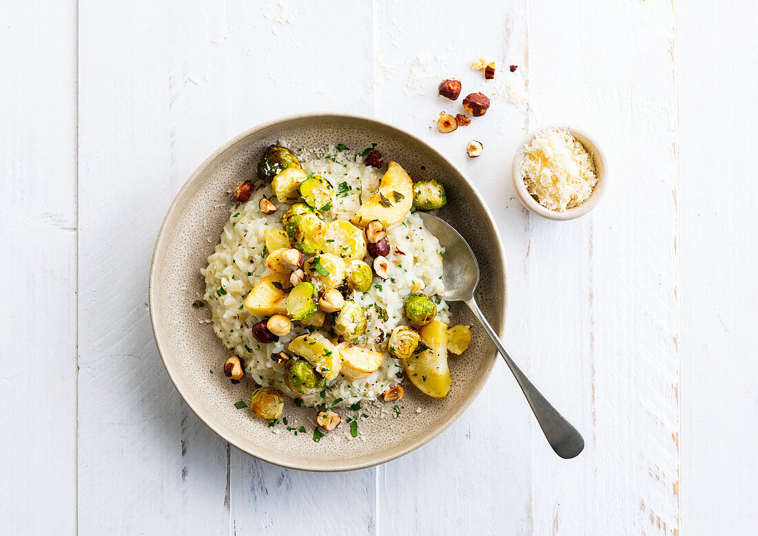 Risotto with Brussels sprouts, parsnips and hazelnuts