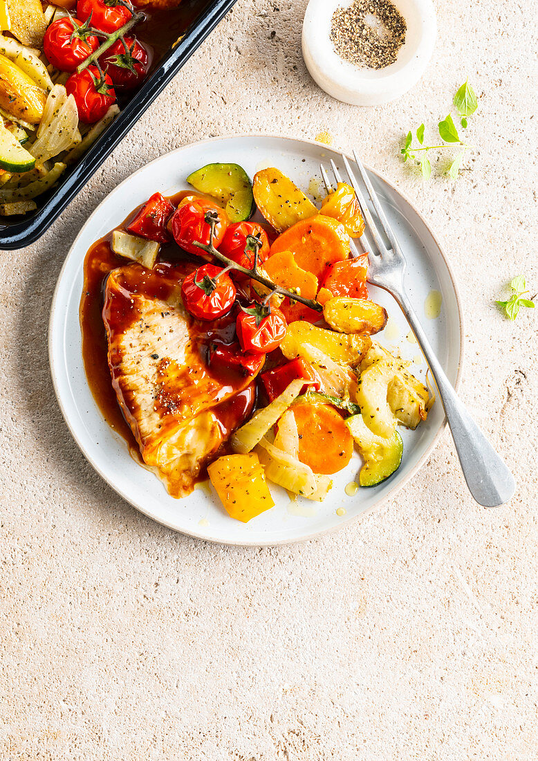 Turkey saltimbocca with brown beer sauce and vegetables