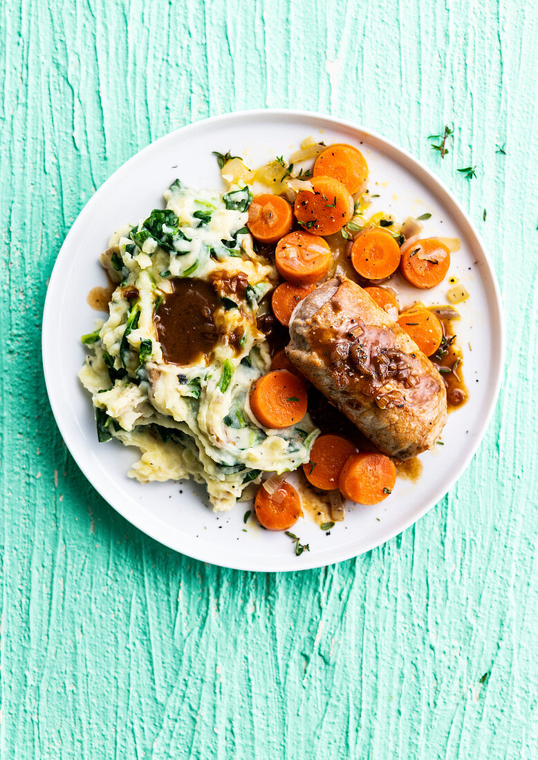 Turkey paupiette with spinach mashed potatoes and carrots
