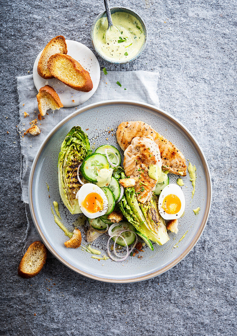 Caesar Salat mit Hühnerbrust, gegrillten Salatherzen, Ei, Gurke und Joghurtsauce