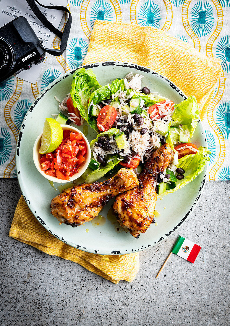 Mexican Chicken Drumsticks with Black Bean Rice