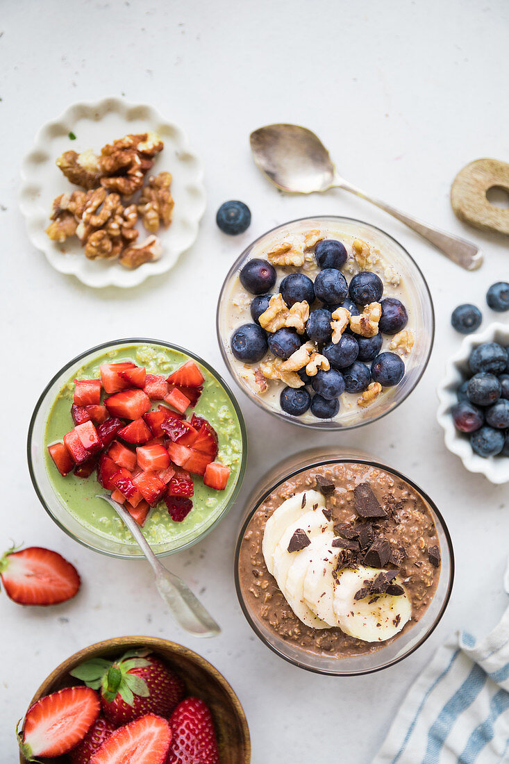 Triple Overnight Oats with fruit, nuts and chocolate