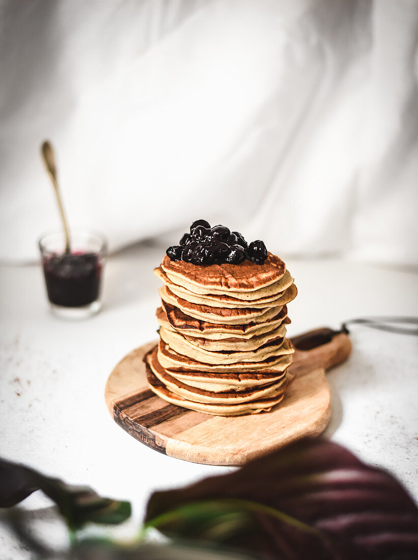 Pile of pancakes with blueberries