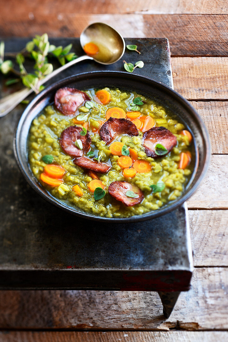 Split pea soup with grilled chorizo