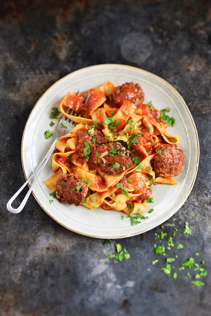 Pappardelles with lamb meatballs and tomato sauce